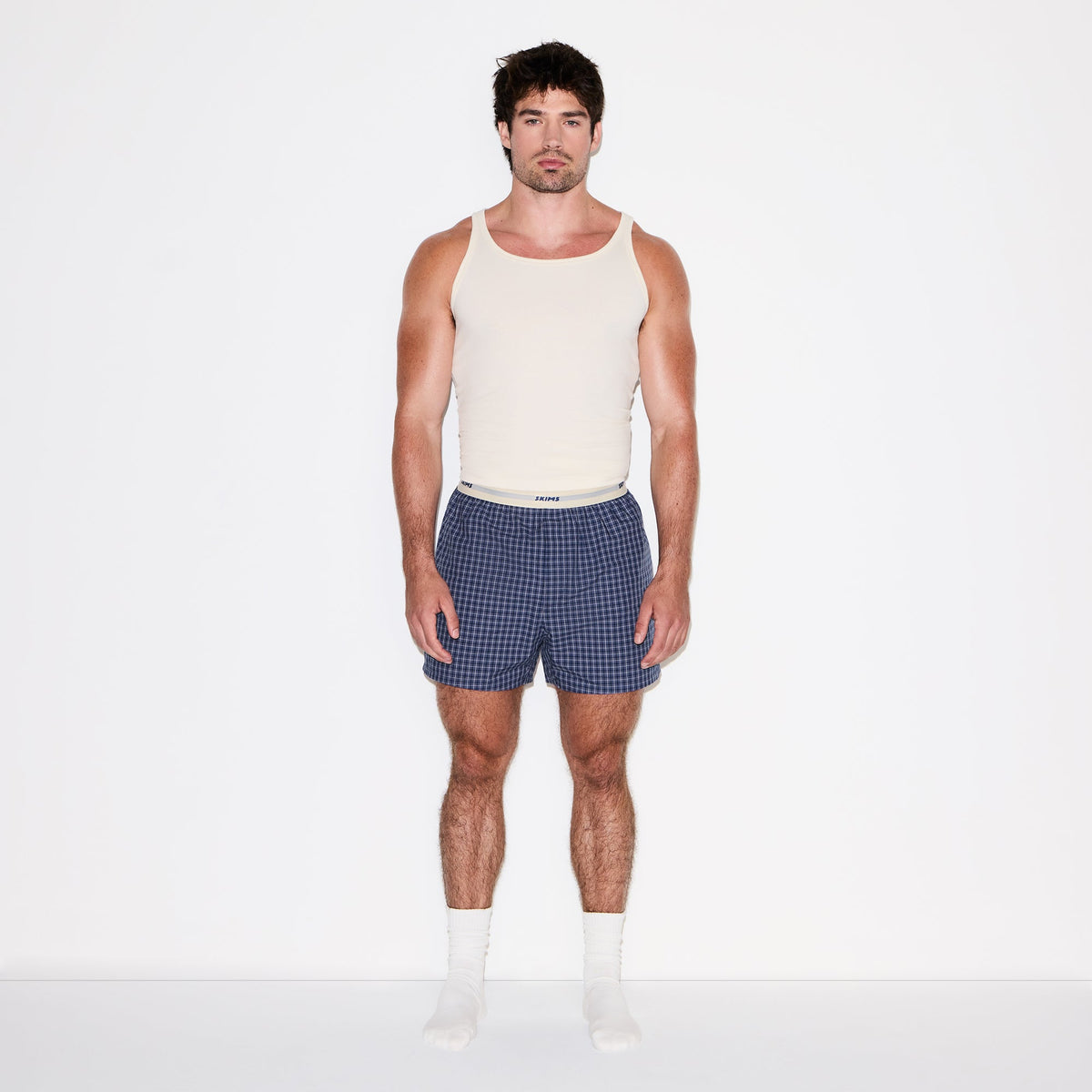 COTTON POPLIN MENS LOGO BAND BOXER | NAVY CHECK