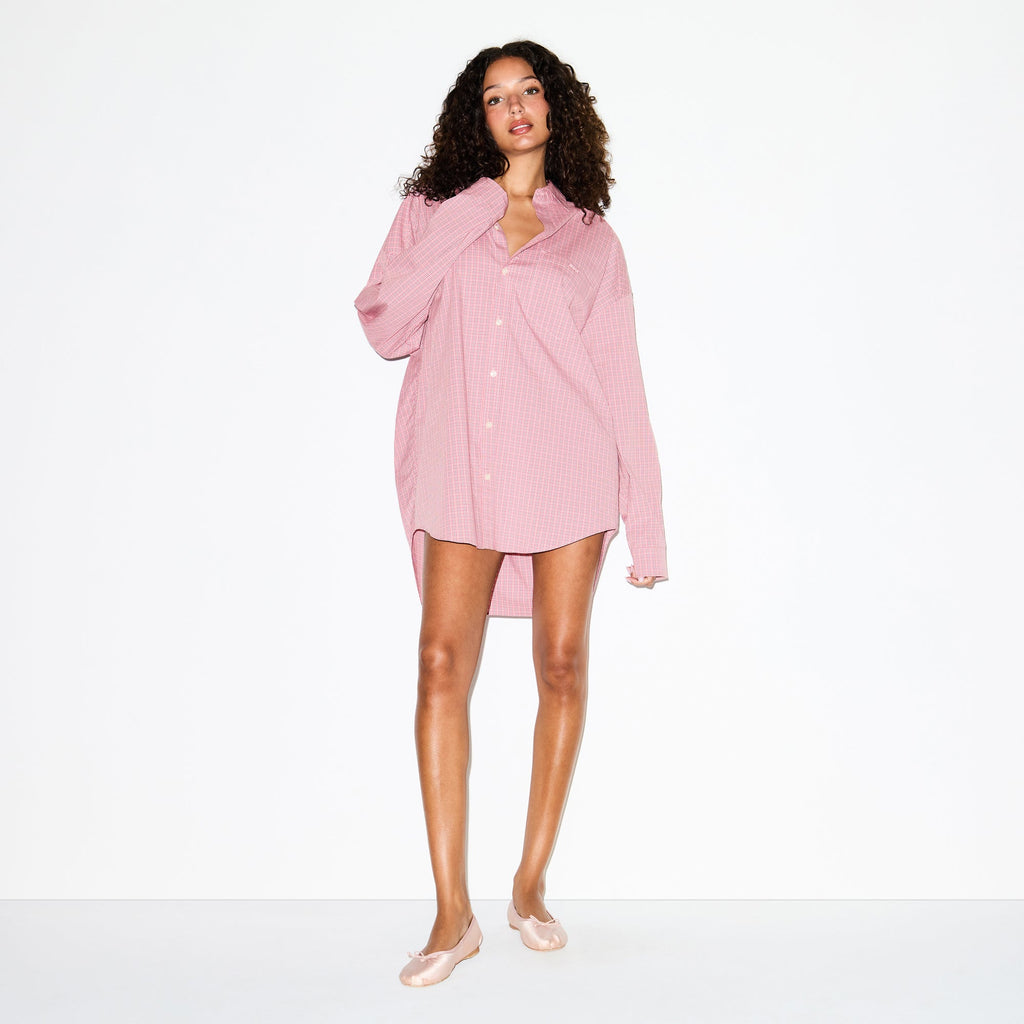 COTTON POPLIN SLEEP BUTTON UP DRESS | BERRY CHECK