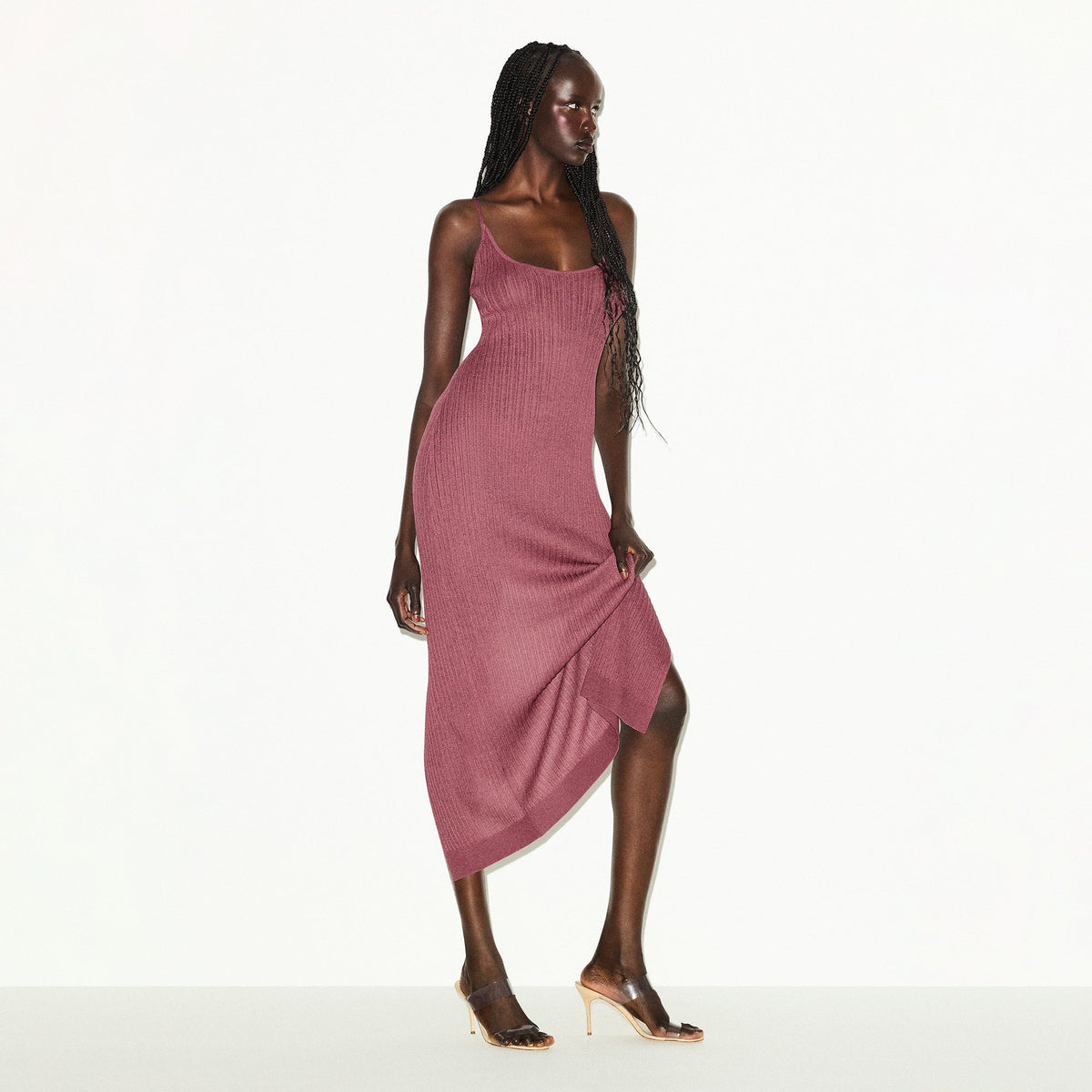SHEER KNIT LONG CAMI DRESS | BEET