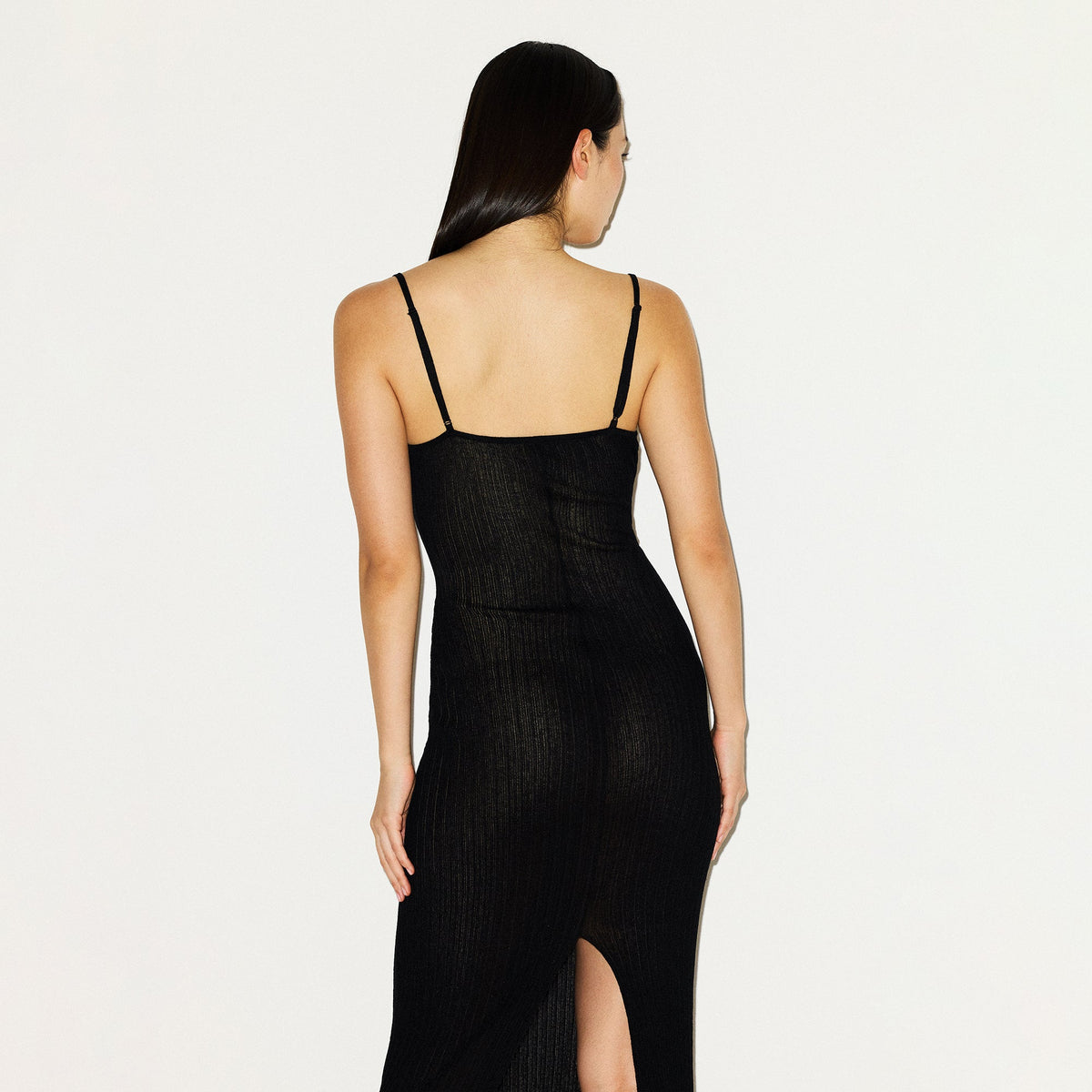 SHEER KNIT LONG CAMI DRESS | ONYX