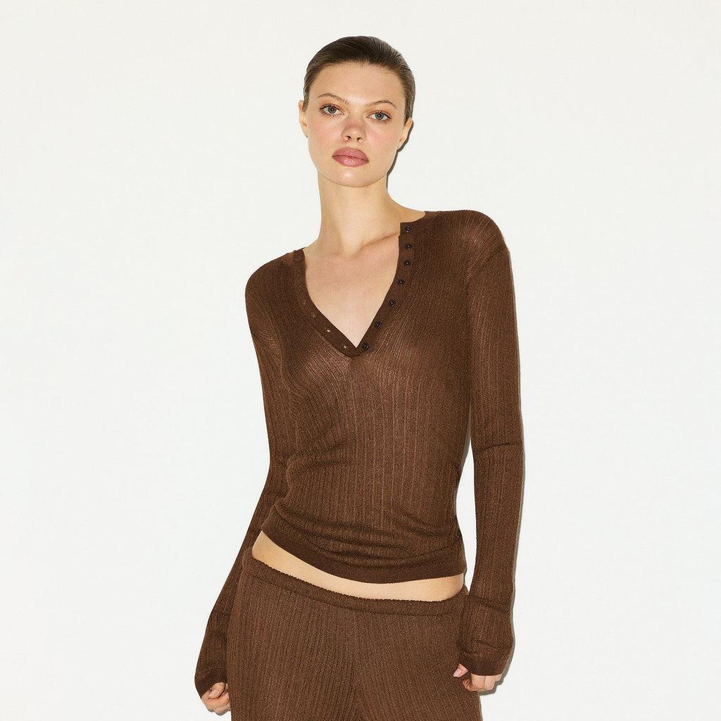 SHEER KNIT LONG SLEEVE HENLEY | BISON