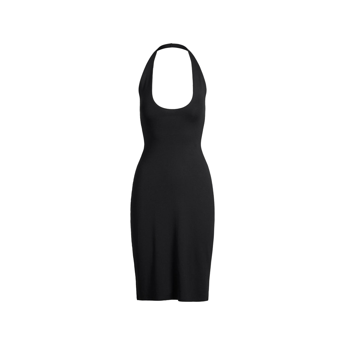 SMOOTH LAYERS PLUNGE HALTER MIDI DRESS | OBSIDIAN