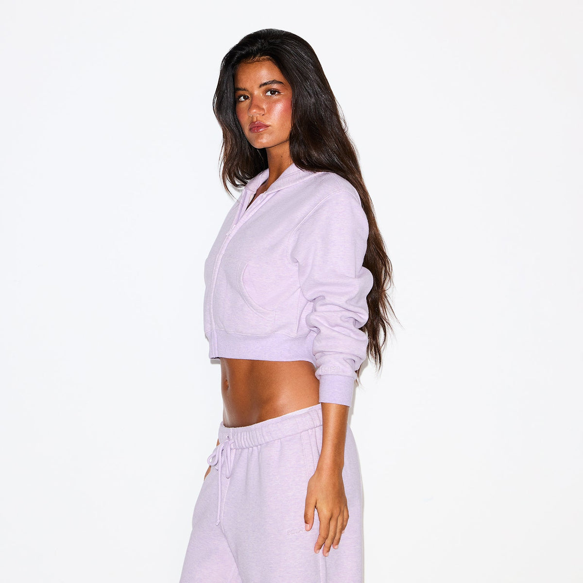 COTTON FLEECE CROPPED ZIP UP HOODIE | PURPLE HEATHER